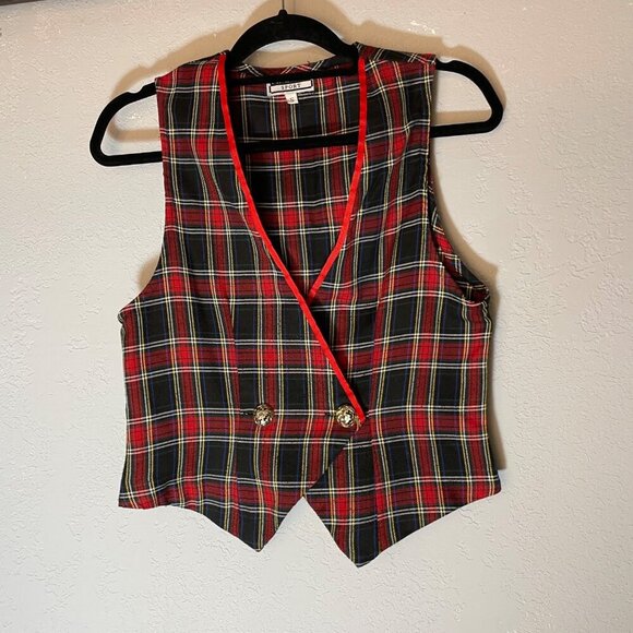 VTG Karlie Sport 90s Red Plaid Vest Gold Buttons Sz S - Picture 1 of 5